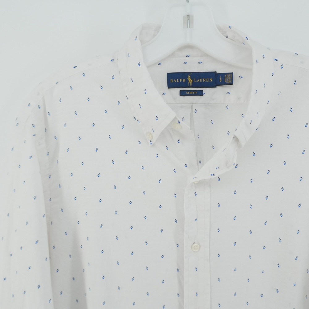 Ralph Lauren Button Down Mens LG White Blue Slim Fit Geometric Print Shirt